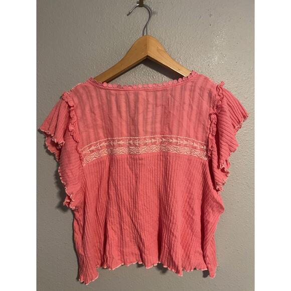 Free People Shirt Womens Large Pink Crinkle Embroidered Boho Peasant Tassel Top - Picture 2 of 7